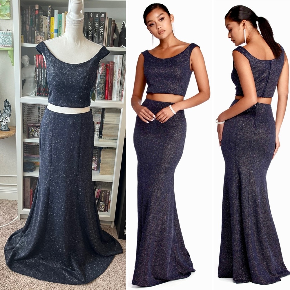 NWT Windsor Midnight Navy Blue Two-Piece Glitter Shimmer Prom Gown Dress Bodycon